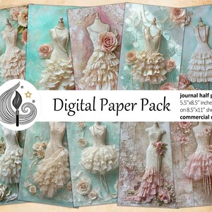 Puede incluir: Paquete de papel digital con ilustraciones vintage de vestidos sobre maniquíes, adornados con encaje y perlas. El fondo tiene un aspecto envejecido y texturizado con acentos florales. El texto "Digital Paper Pack" es visible, junto con las dimensiones.