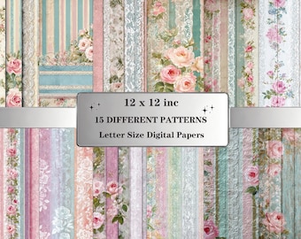 Shabby Chic Seamless Patterns: Vintage Floral Lace Digital Papers, Romantic Scrapbook Backgrounds, Printable Papers