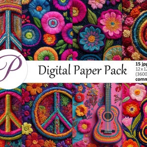 May include: A digital paper pack featuring colorful embroidered designs. The pack includes images of peace signs, flowers, and guitars. Each image is 12 x 12 inches (30.48 x 30.48 cm) and suitable for commercial use.
