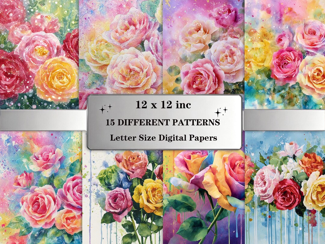 Roses Digital Paper Pack: Watercolor Floral Backgrounds in Bright and ...