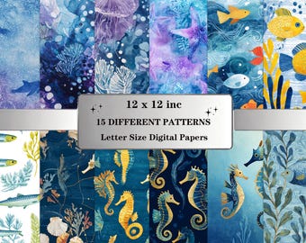 Ocean Seamless Patterns: Watercolor Sea Life Digital Paper Pack With ...