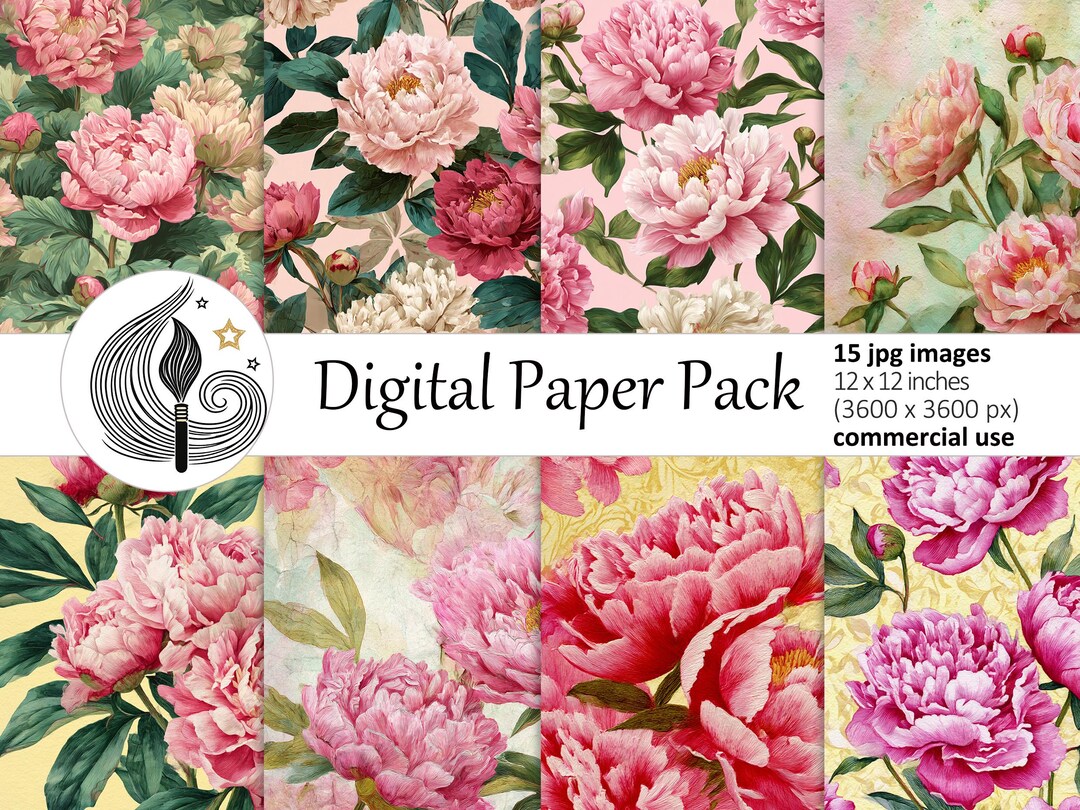 Pink Peonies Digital Paper Pack: Watercolor Peony Flower Backgrounds in ...
