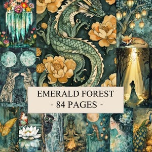 May include: A collection of watercolour illustrations with an emerald forest theme. The images include a dragon, flowers, a fox, wolves, and a woman in a forest. The text "EMERALD FOREST - 84 PAGES -" is displayed in a cream-coloured rectangle.