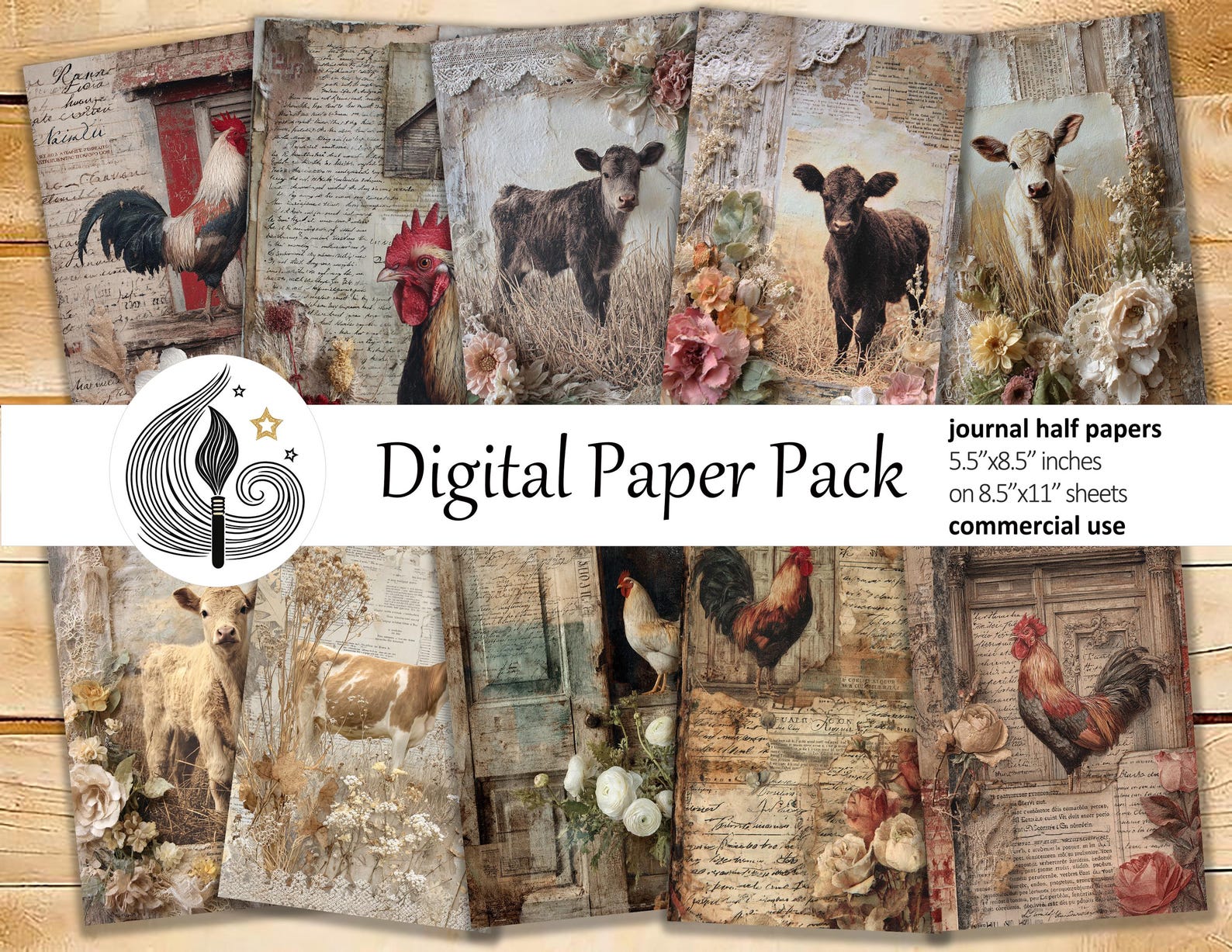 Farmhouse Junk Journal Pages: Rustic Country Papers With Chickens ...