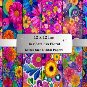 Floral Seamless Patterns: Retro Flower Power Digital Paper Pack with Bold Psychedelic Colors