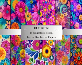 Floral  Patterns: Retro Flower Power Digital Paper Pack with Bold Psychedelic Colors