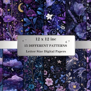 Patrones sin costuras de flores bordadas: Paquete de papel digital floral celestial con hilos cósmicos y detalles estrellados