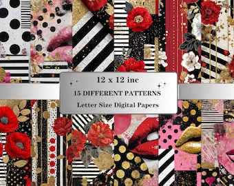 Glamour Digital Paper Pack: Mixed Media Fashion Backgrounds with Gold & Patterns