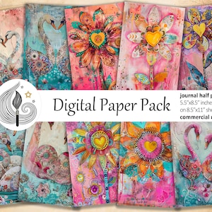 Könnte beinhalten: Ein digitales Papierpaket mit künstlerischen Designs. Das Paket enthält halbe Journalpapiere, jeweils 14 x 21,6 cm, mit Blumen- und Schwanenillustrationen. Der Text lautet "Digital Paper Pack" und "journal half papers".
