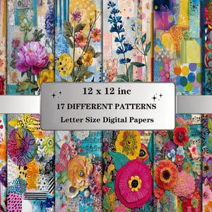 Carta da giornale patchwork vibrante: sfondi collage luminosi con motivi floreali e audaci