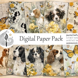 May include: Digital paper pack featuring various dog breeds, butterflies, and yellow flowers on a vintage-style background. The pack includes journal half papers, each 5.5"x8.5" inches in size, printed on 8.5"x11" sheets.