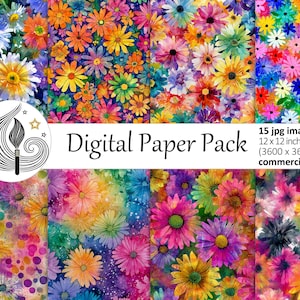 Peut inclure: Pack de papiers numériques avec 15 images JPG de fleurs à l'aquarelle. Chaque image mesure 30,48 x 30,48 cm (3600 x 3600 px). Le pack comprend divers motifs floraux aux couleurs vives, utilisables commercialement.