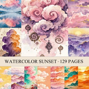 May include: Watercolor illustrations of sunsets and clouds in shades of pink, purple, and orange. The text "WATERCOLOR SUNSET - 129 PAGES" is displayed at the bottom of the image. The artwork features decorative elements.