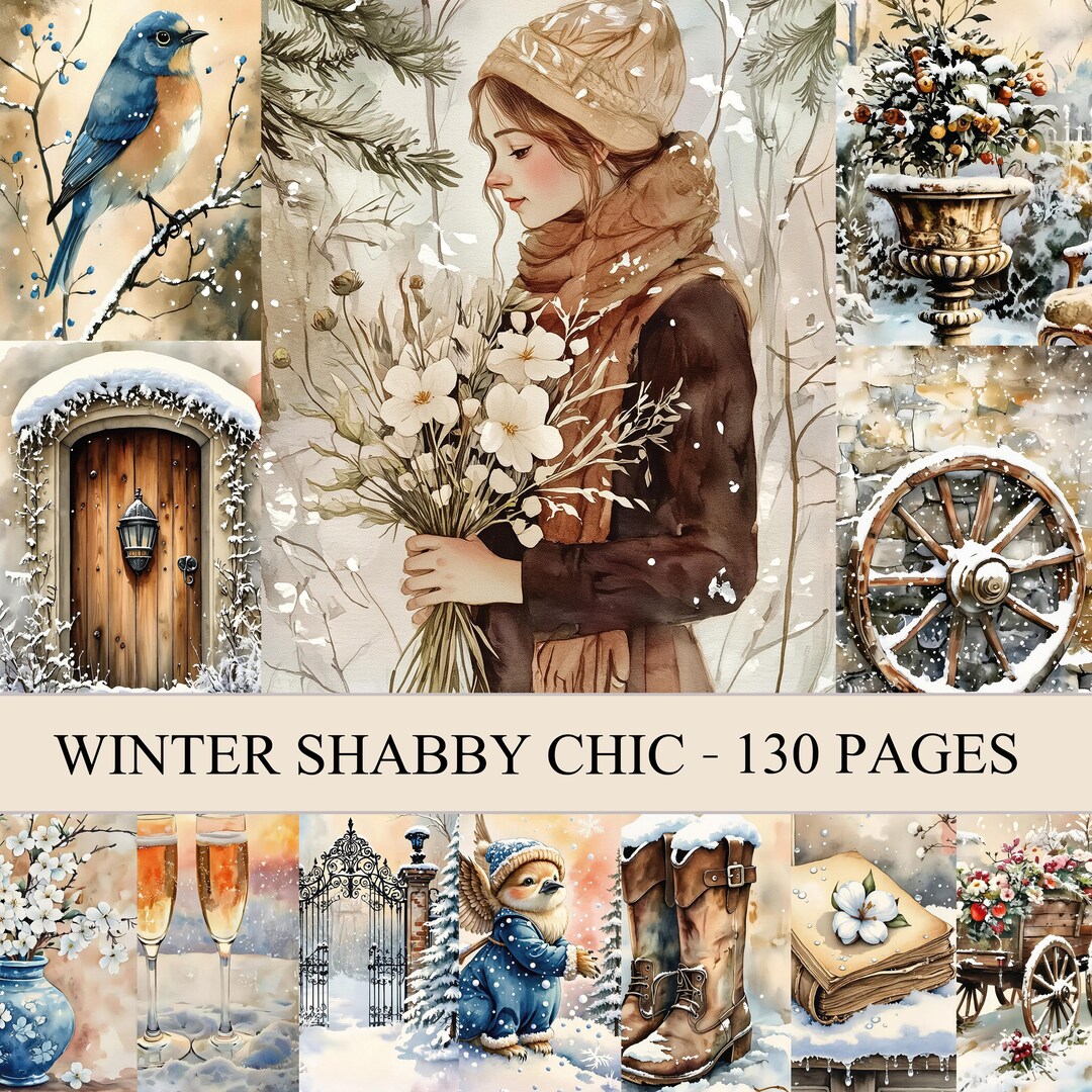 Winter Shabby Chic Junk Journal Pages, Snow Digital Paper, Winter ...