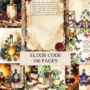 Op de afbeelding: Een collage van aquarel illustraties met apothekersflessen, vlinders en verouderd papier. De tekst "ELIXIR CODE - 106 PAGES -" staat op een banner. Het kunstwerk heeft een vintage, fantasiethema.