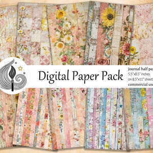 May include: A collection of digital paper packs with floral and patchwork designs. The papers feature sunflowers, roses, and daisies in pastel colors. The text "Digital Paper Pack" is visible, along with size details: 5.5"x8.5" inches on 8.5"x11" sheets.