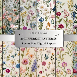 Embroidered Flowers Seamless Patterns: Neutral Floral Digital Paper Pack with Subtle Stitch Texture