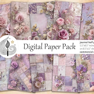 May include: A digital paper pack featuring a collection of floral and lace designs in shades of pink, purple, and cream. The papers include roses and other flowers, with the text "Digital Paper Pack" and "journal half papers 5.5"x8.5" inches on 8.5"x11" sheets commercial use".