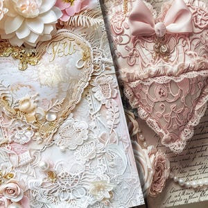 May include: Two decorative heart-shaped items. One is a journal with a heart design, gold accents, and the word "Hello". The other is a pink heart-shaped pillow with lace and a bow. Both items have a vintage, romantic aesthetic.