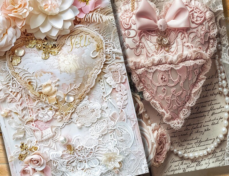 May include: Two decorative heart-shaped items. One is a journal with a heart design, gold accents, and the word "Hello". The other is a pink heart-shaped pillow with lace and a bow. Both items have a vintage, romantic aesthetic.