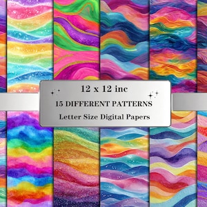 Puede incluir: Una colección de 15 patrones de papel digital con diseños de ondas abstractas coloridas. Los papeles miden 30,48 x 30,48 cm y tamaño carta. Los patrones presentan una variedad de colores, incluyendo rosa, morado, azul, verde y dorado.