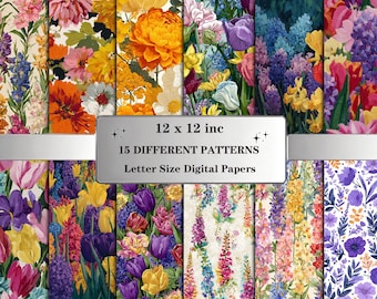Floral  Patterns: Botanical Digital Paper Pack with Watercolor Flowers & Vibrant Garden Colors