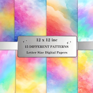 May include: A collection of digital papers with watercolor-style backgrounds in various colors, including yellow, pink, blue, and green. The image includes a silver rectangle with the text "12 x 12 inc", "15 DIFFERENT PATTERNS", and "Letter Size Digital Papers".
