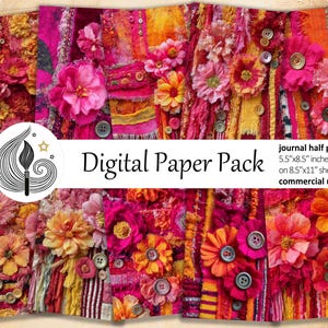 May include: Digital paper pack featuring vibrant floral designs in shades of pink, orange, and yellow. The image includes the text "Digital Paper Pack" and details about the paper size: 5.5"x8.5" inches on 8.5"x11" sheets for commercial use.