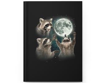 Cuaderno de tapa dura con diseño de mapache y fases lunares / Cuaderno de vida silvestre del cielo nocturno