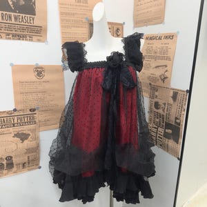 Handmade Gothic Layered Tulle Babydoll JSK, Hand Sewn Burgundy Polka Dot Slip, Handcrafted Black Lace Frill Straps & 3D Rose Bow