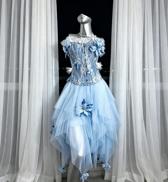 Handmade  Corset Tulle Skirt Set, Dreamy Blue Floral Fairy Two Piece Gown, Romantic Cottagecore Occasion Outfit Gift For Her Women