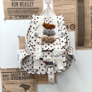 White Polka Dot Drawstring Front Rucksack, Fluffy Dog Patches Lace Bow Music Charm Girly Street School Bag