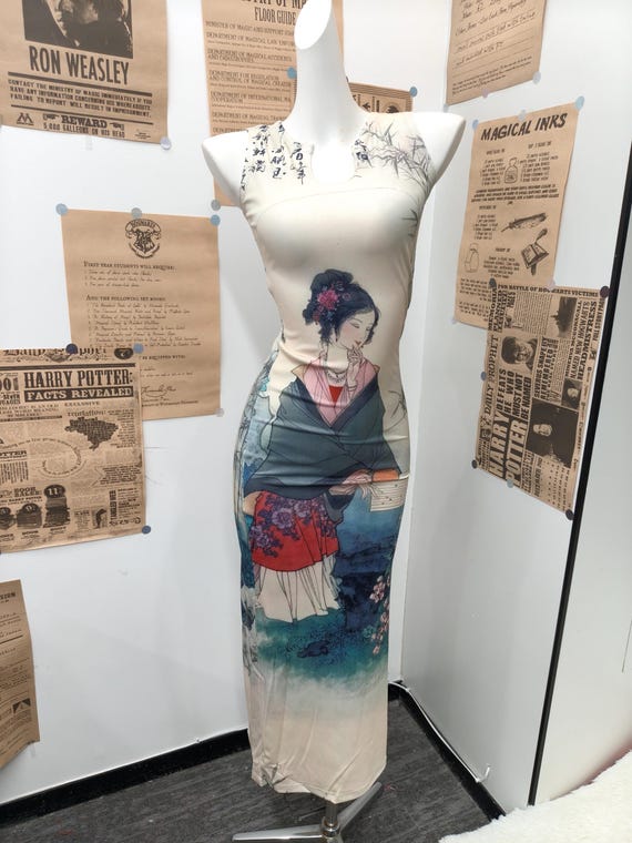 bodycon oriental dress Elegant Midi Featuring Vintage Chinese Ink Wash Ancient Lady Landscape Bamboo & Floral Art Motifs line silhouette sizechart-sleeveless-midi-default Chic One Shoulder Navy colour:Navy