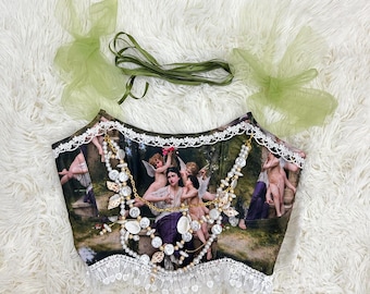 Handmade Renaissance Angel Print Cropped Corset Top for Everyday & Festival Wear Brunch Photoshoot