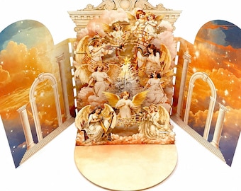 May include: A three-panel decorative display featuring a central scene of multiple winged angels playing musical instruments amidst clouds. The side panels depict arched stone columns against a sunset sky. The base is a plain, circular wooden platform.