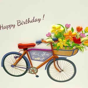 Floral Bicycle Happy Birthday Quilling-wenskaart, handgemaakte wenskaart, quillingkaarten, quillingkaarten