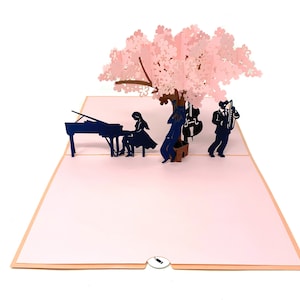 Personalisierte Pop-Up-Musikanten unter dem Blütenbaum Karte | 3D Blumen- und Musikgruß | Handgemachte Karte zum Geburtstag oder Feier | Musikliebhaber