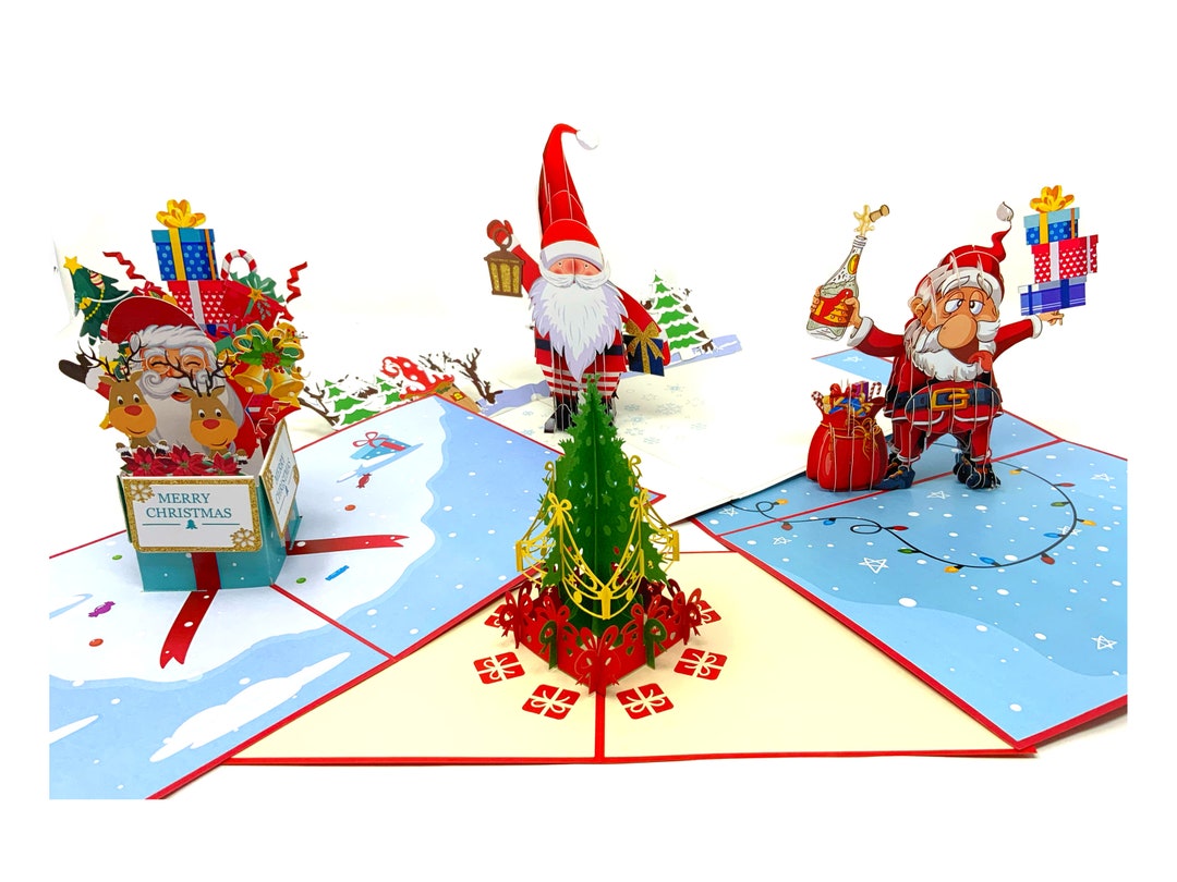 Set of 4 Christmas Cards | Pop-up Santas & Christmas Trees | 3D Festive ...