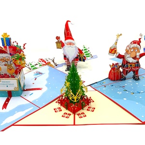 Juego de 4 tarjetas navideñas / Papá Noel y árboles de Navidad desplegables / Tarjetas de felicitación festivas 3D / Juego de tarjetas navideñas hechas a mano