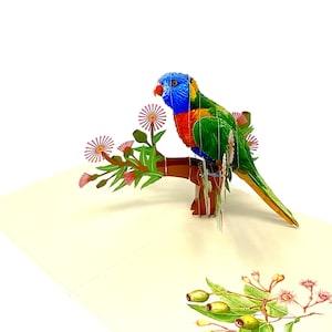 Carte personnalisée pop-up Loriquet arc-en-ciel | Salutation d'oiseau vibrante 3D | Carte faite main | Cadeau unique pour les amoureux des oiseaux et les fans de la nature