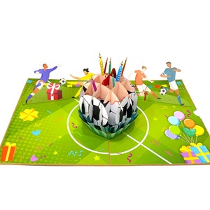 carte pop-up personnalisée de type gâteau football | Message d'accueil 3D sur le thème du sport | Carte d'anniversaire faite main pour les fans de football | Gif Gâteau Célébration Unique