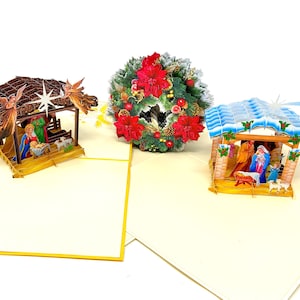 3 cartes de Noël pop-up | Ensemble de cartes de voeux 3D Nativité et couronne | Cartes de vœux religieuses chrétiennes faites main