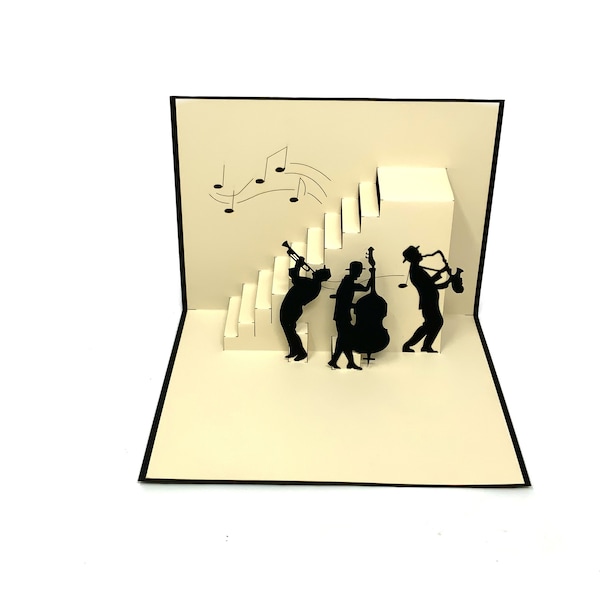 Carte de voeux pop-up 3D musiciens personnalisée, carte de groupe de jazz 3D pour lui et elle, découpée au laser - assemblée à la main, art en papier, faire sourire quelqu'un