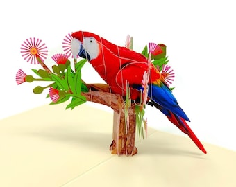 Cartão Pop-Up Personalizado com Papagaio – Cartão de Cumprimentos 3D com Arara Vermelha – Cartão com Ave Tropical – Presente de Aniversário para Amantes de Pássaros