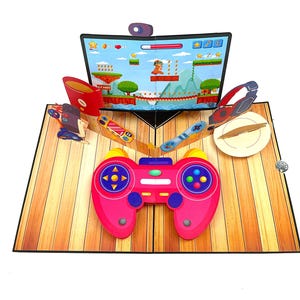 Tarjeta desplegable personalizada para gamers, tarjeta de cumpleaños 3D para gamers, tarjeta de felicitación de videojuegos, regalo para gamers para hijo, nieto, adolescente, esposo y amigo.