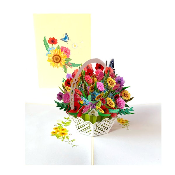 Carte de voeux pop-up 3D personnalisée avec panier de fleurs, carte florale 3D pour lui et elle, découpée au laser - assemblée à la main, art en papier