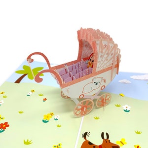 Biglietto d'auguri pop-up personalizzato per carrozzina per neonata / Biglietto d'auguri 3D per carrozzina / Biglietto fatto a mano / Regalo unico per baby shower e neo-genitori
