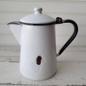 Vintage Enamelware Coffeepot, White Black Trim, Steel, Cowboy Campfire Pot, Farmhouse Decor
