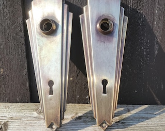 Brass Art Deco Door Knob Backplates, Escutcheons, Set of 2, Geometric "Skyscraper" Design, Vintage Restoration Hardware,  Home DIY Projects