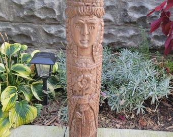 Handcarved Wooden Goddess Statue, Crowned Woman Holding a Flower, Weathered and Distressed Finish, Spiritual, Folkart, Yard Art, Decorative